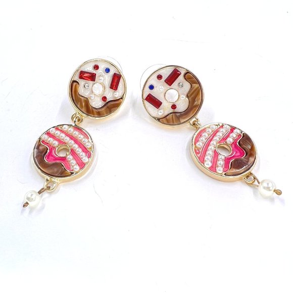 NWT – Belk – Cute Playful Jeweled Donut Motif Pearl 2” Dangle Post Stud Earrings - Picture 1 of 8